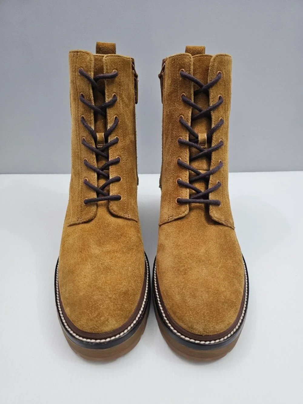 Tory Burch Miller 50mm Lug Sole Bootie Womens 9.5 Tan Suede Lace Up Combat NEW